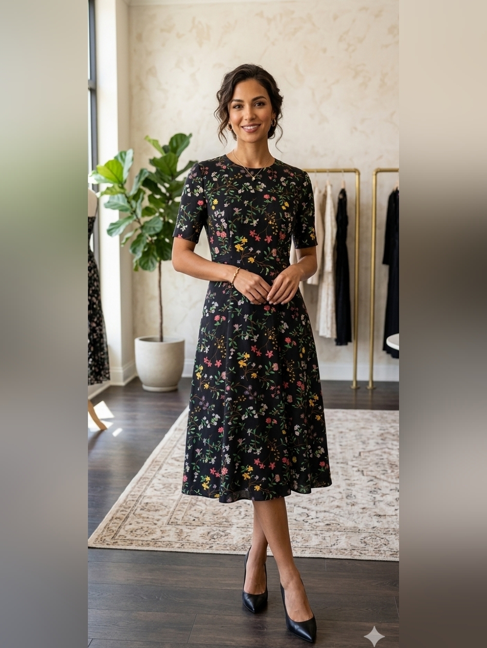 Altuzarra Black Floral Midi Dress with Multicolor Botanicals